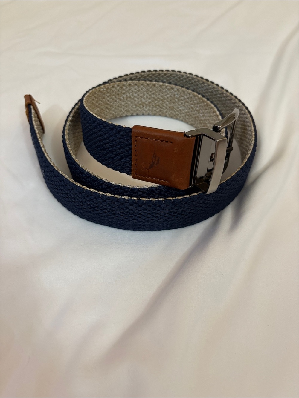 Reel Legends Navy Woven Belt with Brown Leather Trim